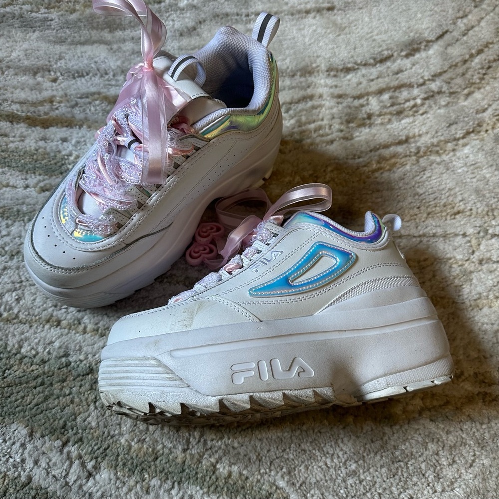 Fila Wedge White Platform Sneakers with Pink And Iridescent Accents size 7 women - Picture 3 of 7